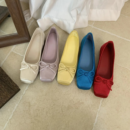 2025 New Women’s Ballet Flats – Satin Bow Tie Square Toe Shoes | High-Quality, Affordable Fairy Style Ballet Slippers