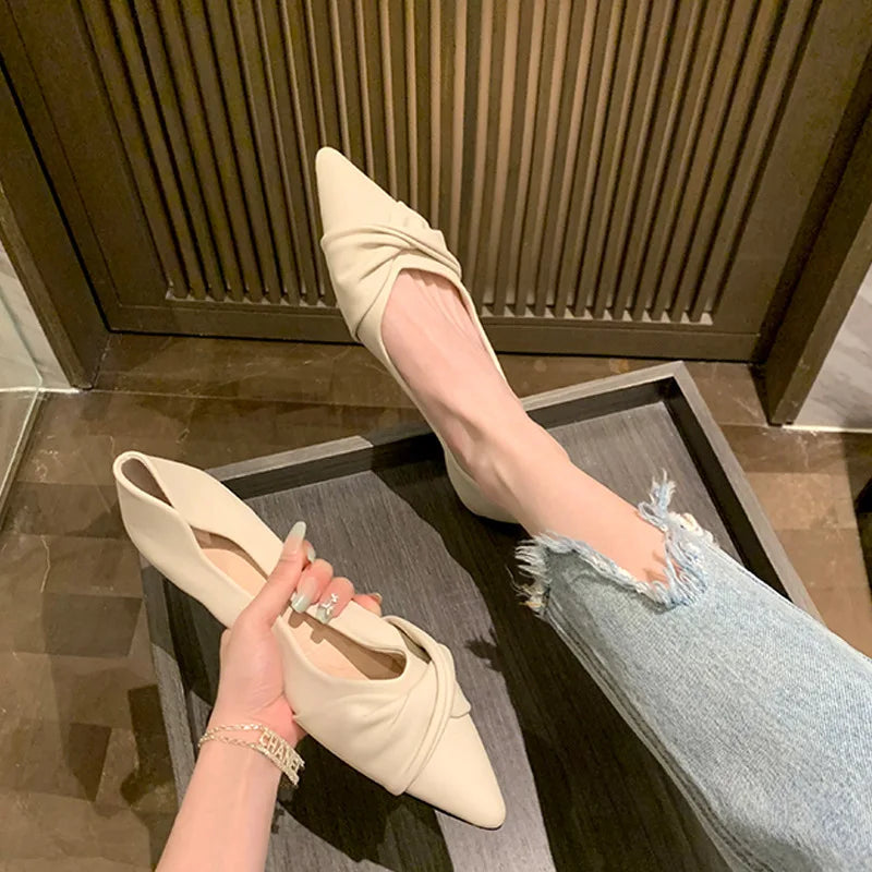 Autumn New Korean Style Knotted Pointed Toe Flat Commuter Shoes for Women  Soft Sole Ballet Flats with High Cost Performance