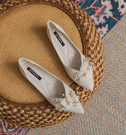 2025 New Women’s Low Heel Flat Shoes – Elegant Pearl and Rhinestone Slip-On Loafers for Autumn, High Quality, Affordable Fashion