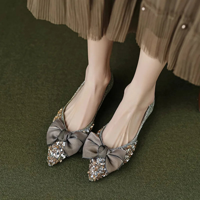 Elegant Pointed Toe Flats for Women with Bow, Rhinestone Slip-On Design, Soft Sole, Affordable Quality