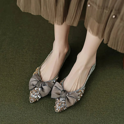 Elegant Pointed Toe Flats for Women with Bow, Rhinestone Slip-On Design, Soft Sole, Affordable Quality