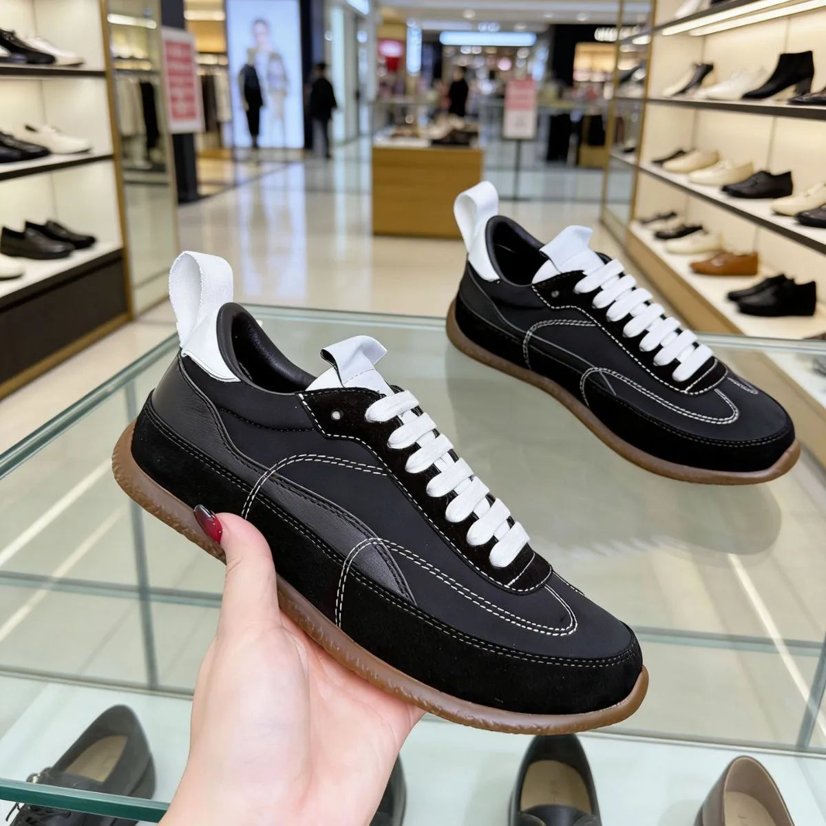 High-quality Breathable Cowhide Contrast Color Low-top Lace-Up Sneakers Comfortable Cushioned Platform Rubber Outsole Shoes