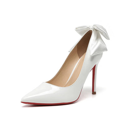 Elegant White High Heels with Red Bottom, Luxurious Butterfly Knot Design, Comfortable Stiletto Pointed-Toe Pumps for Women