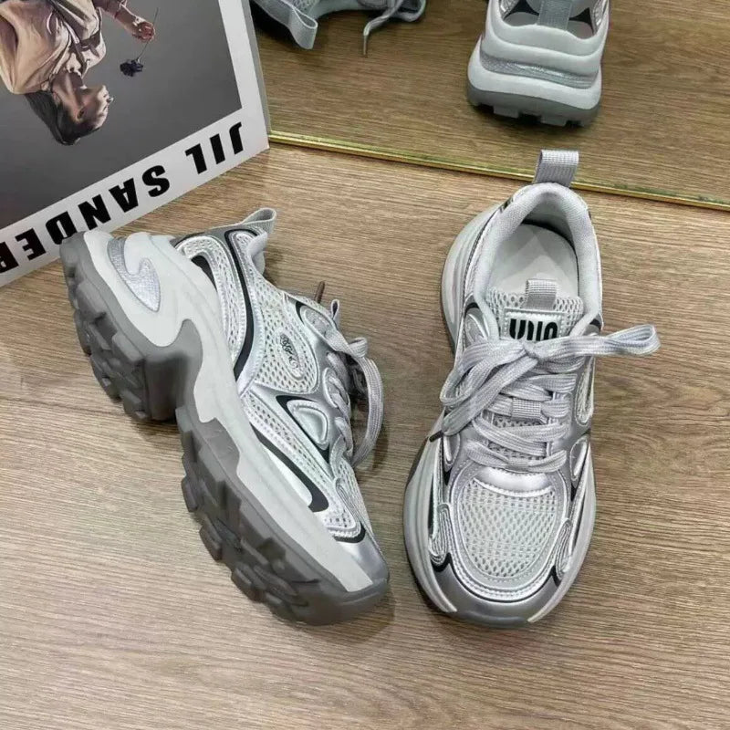 2025 New Spring Autumn Women’s Clunky Sneakers Thick Sole Silver Breathable Mesh Lightweight Casual Versatile Sports Shoes