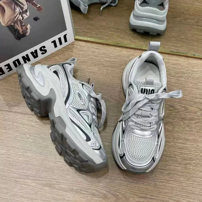 2025 New Spring Autumn Women’s Clunky Sneakers Thick Sole Silver Breathable Mesh Lightweight Casual Versatile Sports Shoes