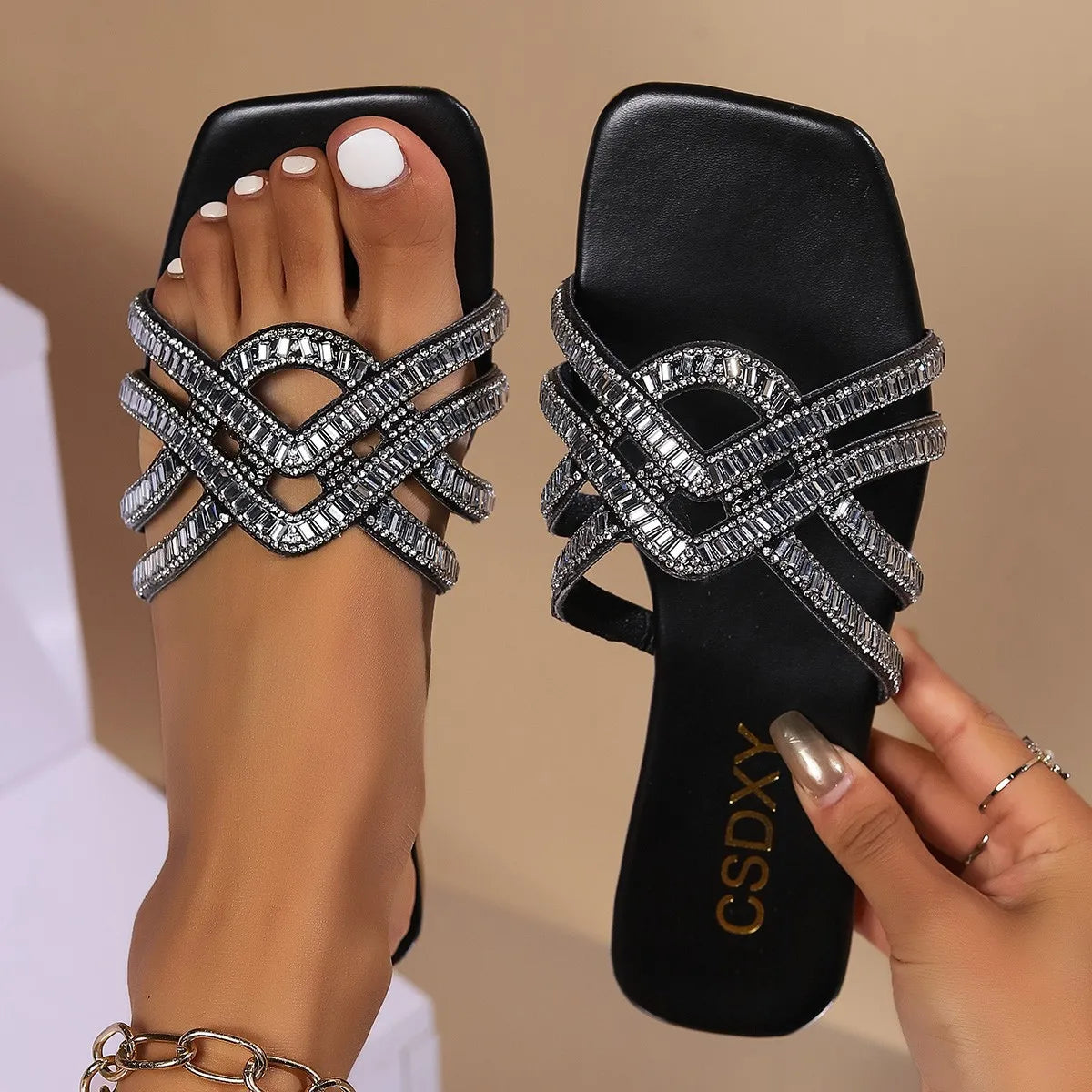 Myway Women Flat Slippers One Strap Flat Slide Sandals for Women Open Toe Outdoor Slip on Large Size Casual Sandals
