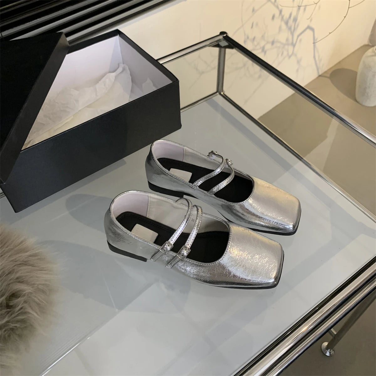 Elegant Silver Flats for Women – French Style Autumn New Arrival, Quality Comfy Square Toe Casual Office Shoes