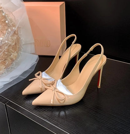 2025 Spring Summer Womens Bow Knot Open Back High Heel Sandals – Affordable Red Sole Pointed Toe Stiletto Shoes