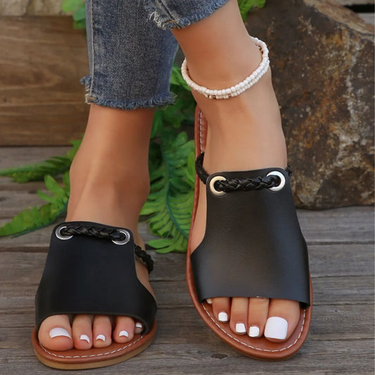 2025 Summer Womens Sandals New Style Pure Color Woven Casual Beach Slippers Lightweight Comfortable Slip on Sandals