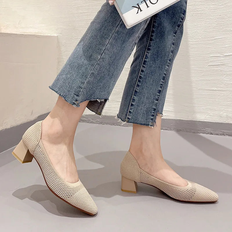 Myway 2025 Women’s Hollow Knitted Chunky Heels Breathable Mesh Princess Shoes Trendy Mid-Heel for Ladies