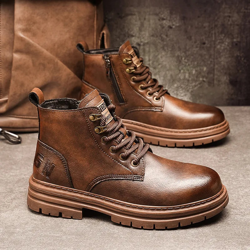 2025 Myway Men’s Leather Boots Waterproof Casual Martin Boots British Style High Top Leather Boots Cargo Shoes