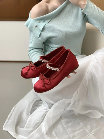 French Mary Jane Flats for Women – 2025 Spring/Summer Red Rhinestone Ballet Shoes | Affordable Quality Footwear
