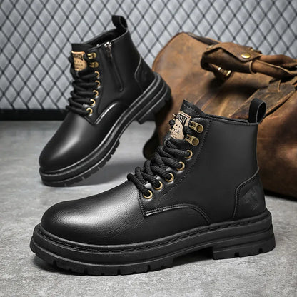 2025 Myway Men’s Leather Boots Waterproof Casual Martin Boots British Style High Top Leather Boots Cargo Shoes