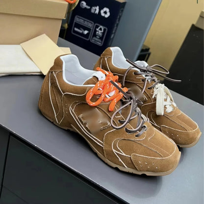 Women’s Running Shoes Lace-Up Comfortable Forrest Gump Style 5cm Height Increase Two-Color Toes Genuine Leather Lining