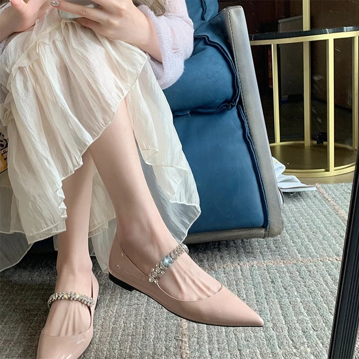 Women’s Pink Flat Shoes – Summer New Korean Fashion Pointed Toe Rhinestone Slip-On Ballerina Flats, Soft Sole
