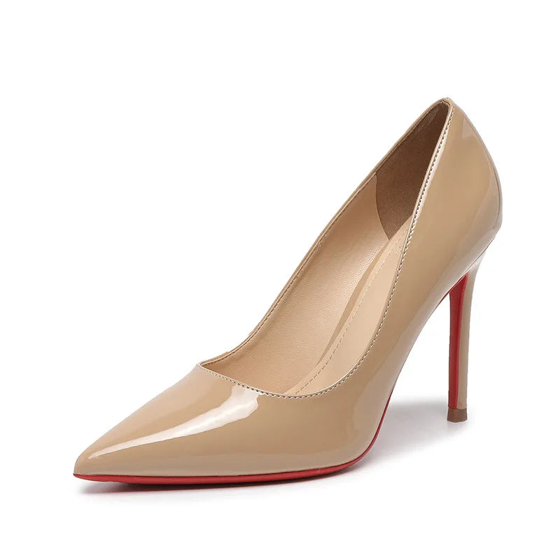 2025 Trendy Red Bottom Sexy High Heels for Women – Pointed Toe Stiletto in Nude Patent Leather – High-Quality Elegant Stilettos