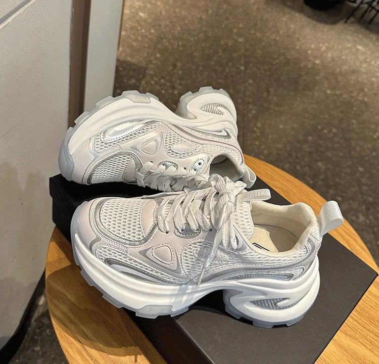 2025 New Spring Autumn Women’s Clunky Sneakers Thick Sole Silver Breathable Mesh Lightweight Casual Versatile Sports Shoes