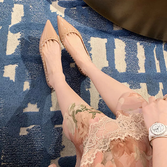 Summer New Women’s Pointed Toe Solid Color Flat Shoes with Small Rivet Buckle – Affordable High-Quality Elegant Design