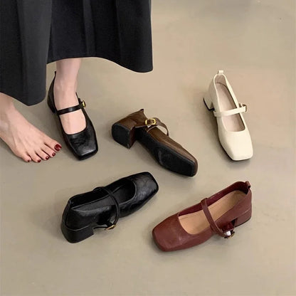 French Retro Square Toe Mid-Heel Chunky Mary Jane Shoes for Women – Spring/Fall Fashionable Leather Flats with Great Quality
