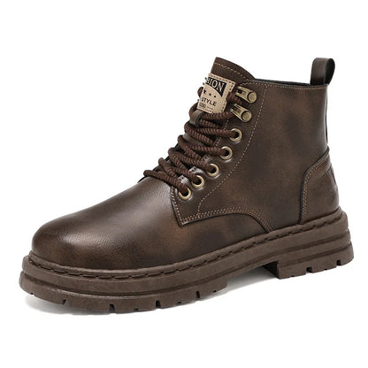 2025 Myway Men’s Leather Boots Waterproof Casual Martin Boots British Style High Top Leather Boots Cargo Shoes