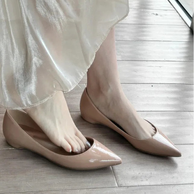 High-Quality Nude Patent Leather Flats – Comfortable Pointed Toe Large Size Elegance Affordable Price