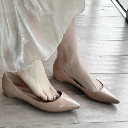 High-Quality Nude Patent Leather Flats – Comfortable Pointed Toe Large Size Elegance Affordable Price