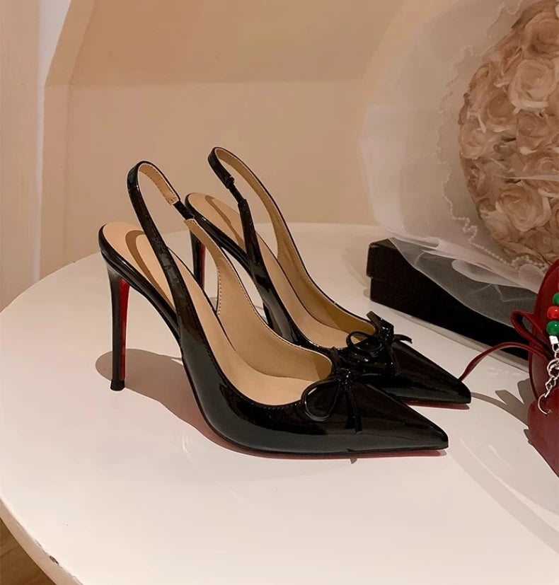2025 Spring Summer Womens Bow Knot Open Back High Heel Sandals – Affordable Red Sole Pointed Toe Stiletto Shoes