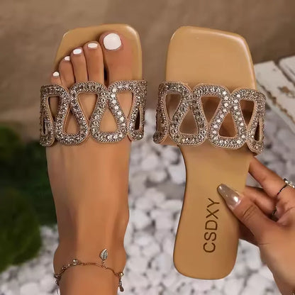 Elegant Women’s Glitter Sandals with Rhinestones – Myway Flat Summer Slippers, Breathable Open-Toe Slides for Beach