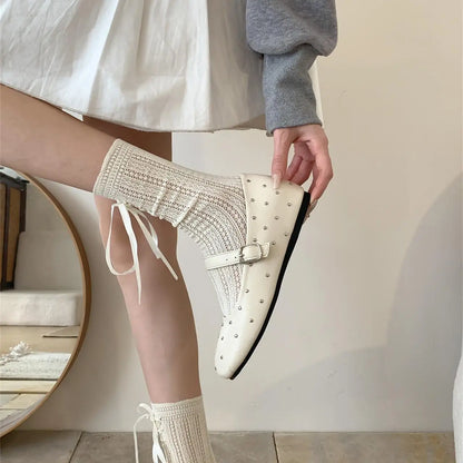 Retro Stardust Studded Ballerina Flats for Women – Spring Autumn One-Strap Mary Jane Shoes – High Quality Affordable