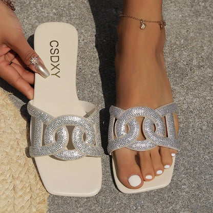 Summer Latest Women’s  Flat Slippers Rhinestone Open Toe Sandals Outdoor Slip on Fashionable Large Size Slippers