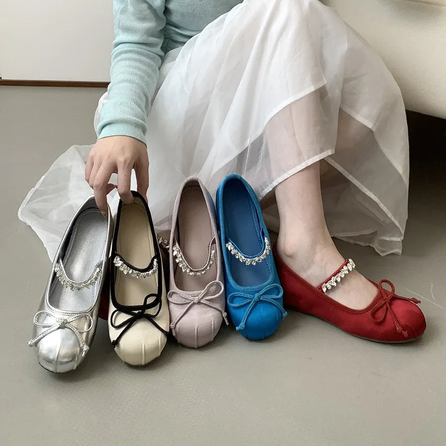 French Mary Jane Flats for Women – 2025 Spring/Summer Red Rhinestone Ballet Shoes | Affordable Quality Footwear