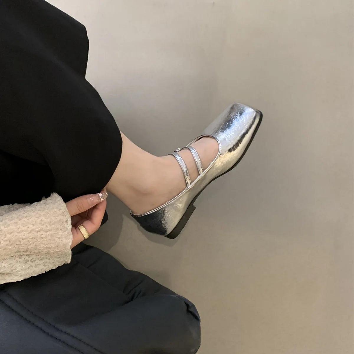 Elegant Silver Flats for Women – French Style Autumn New Arrival, Quality Comfy Square Toe Casual Office Shoes