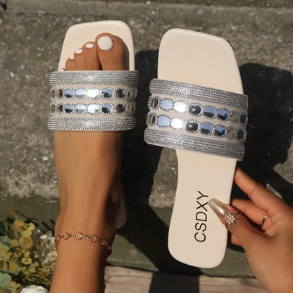 2025 Price Women Flat Slippers Open Toe Square Head Casual Outdoor Slide Sandals Large Size Summer Beach Slippers