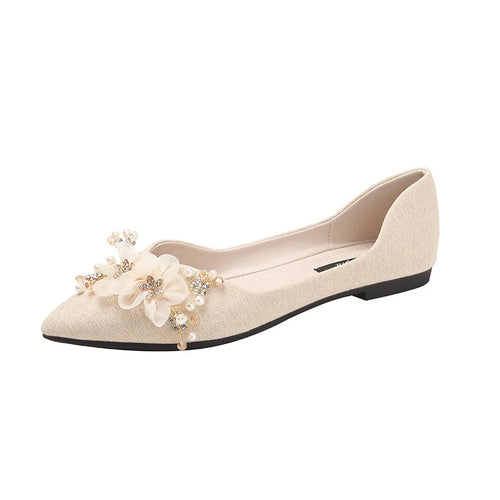 2025 New Women’s Low Heel Flat Shoes – Elegant Pearl and Rhinestone Slip-On Loafers for Autumn, High Quality, Affordable Fashion