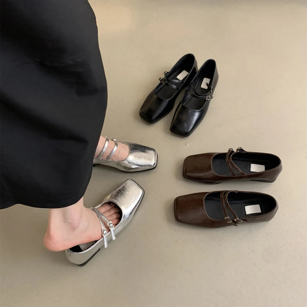 Elegant Silver Flats for Women – French Style Autumn New Arrival, Quality Comfy Square Toe Casual Office Shoes