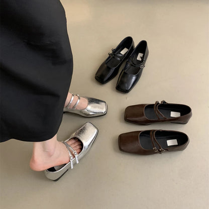 Elegant Silver Flats for Women – French Style Autumn New Arrival, Quality Comfy Square Toe Casual Office Shoes