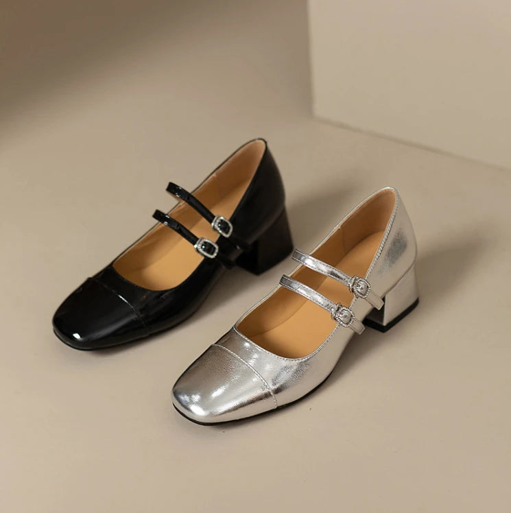 Retro Silver Mary Jane Shoes for Women – Stylish Spring Autumn Mid Heels with One-Buckle Design