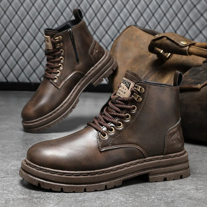 2025 Myway Men’s Leather Boots Waterproof Casual Martin Boots British Style High Top Leather Boots Cargo Shoes