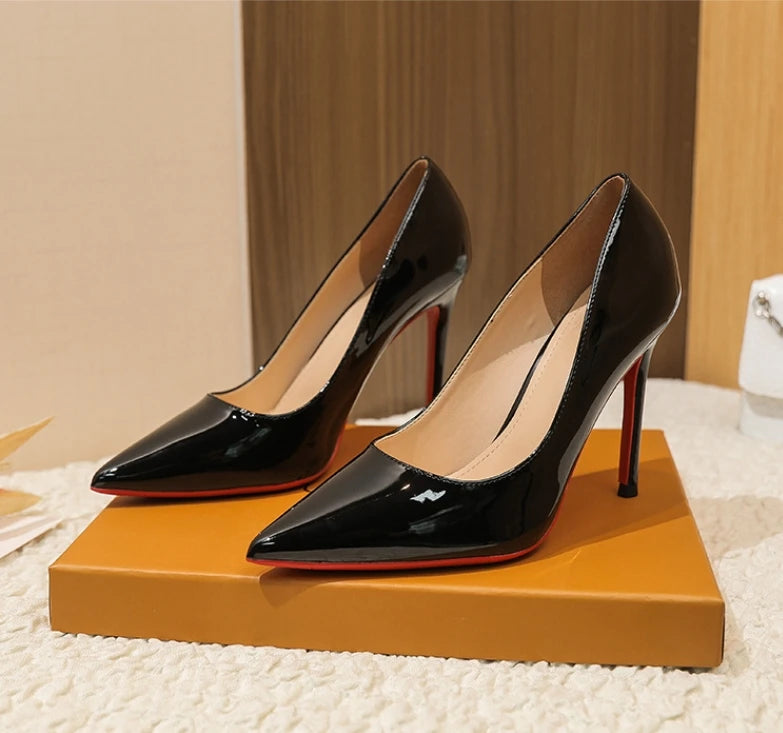 2025 Trendy Red Bottom Sexy High Heels for Women – Pointed Toe Stiletto in Nude Patent Leather – High-Quality Elegant Stilettos