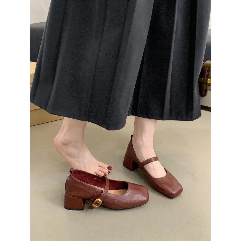 French Retro Square Toe Mid-Heel Chunky Mary Jane Shoes for Women – Spring/Fall Fashionable Leather Flats with Great Quality