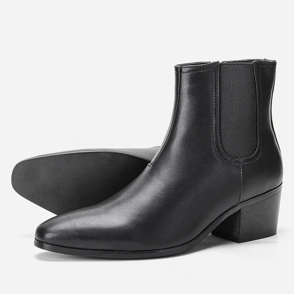 Men’s Chelsea Boots Height Increasing High Heel Leather Ankle Boots Stylish Black Premium Quality Boots for Formal Occasion