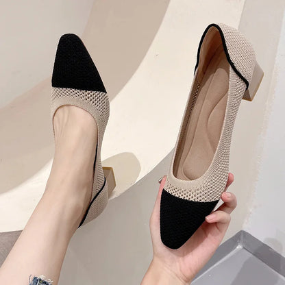 Myway 2025 Women’s Hollow Knitted Chunky Heels Breathable Mesh Princess Shoes Trendy Mid-Heel for Ladies