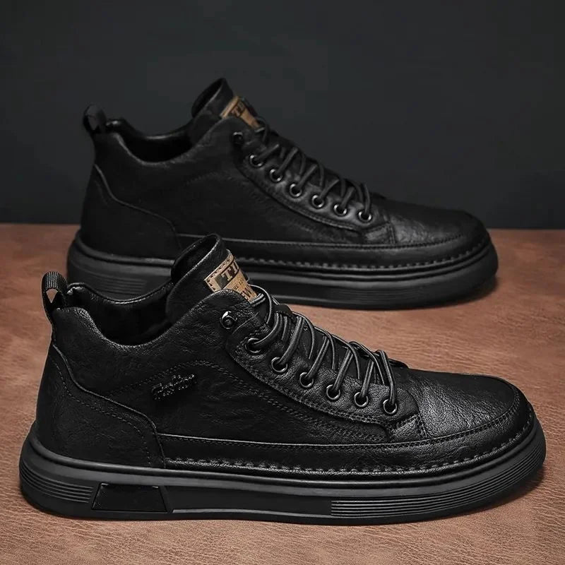 Men’s Casual Mid-Top Sneakers Stylish British Style Leather Sports Shoes for Men Comfortable and Versatile Sneakers for Adult