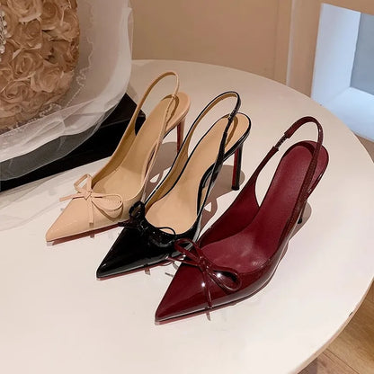 2025 Spring Summer Womens Bow Knot Open Back High Heel Sandals – Affordable Red Sole Pointed Toe Stiletto Shoes