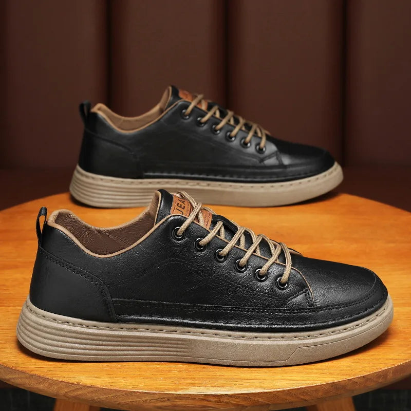 Men’s Casual Low-Top Sneakers Stylish British Style Leather Sports Shoes for Men Comfortable and Versatile Footwear for Outdoor