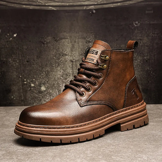 2025 Myway Men’s Leather Boots Waterproof Casual Martin Boots British Style High Top Leather Boots Cargo Shoes