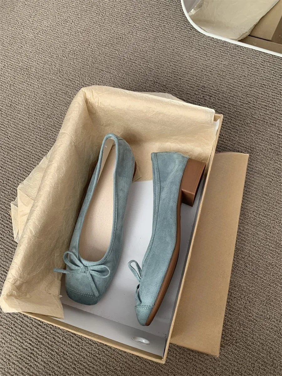 2025 Spring Autumn New Women’s Chunky Heel Flats – Blue French Style with Bowknot – High Quality Affordable