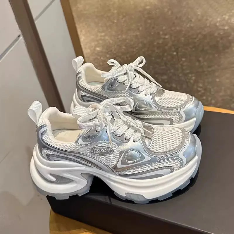 2025 New Spring Autumn Women’s Clunky Sneakers Thick Sole Silver Breathable Mesh Lightweight Casual Versatile Sports Shoes