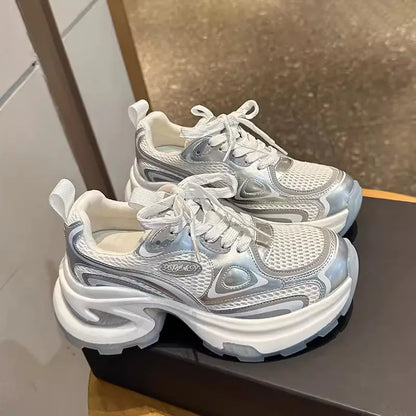 2025 New Spring Autumn Women’s Clunky Sneakers Thick Sole Silver Breathable Mesh Lightweight Casual Versatile Sports Shoes