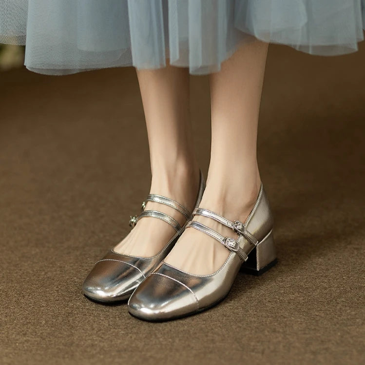 Retro Silver Mary Jane Shoes for Women – Stylish Spring Autumn Mid Heels with One-Buckle Design